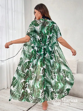 Saída De Praia Longa Estampa Folhagem Amarração Plus Size Verde Menta / G Saída De Praia Longa Estampa Folhagem
