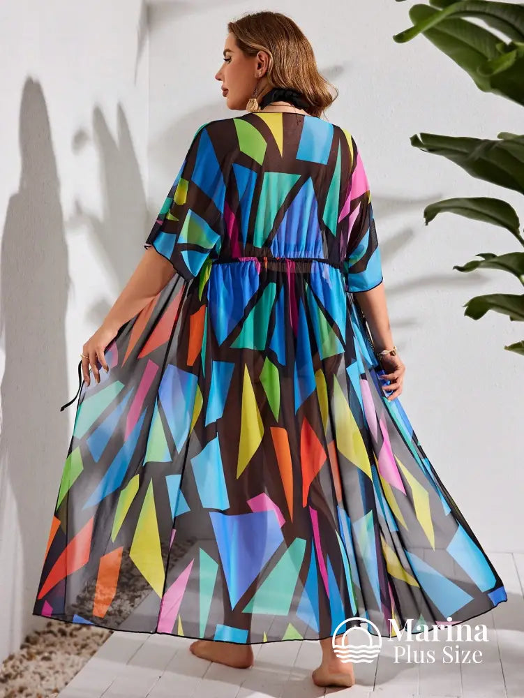Saída De Praia Longa Estampada Cintura Ajustável Plus Size Saída De Praia Longa Estampada Cintura Ajustável Plus Size