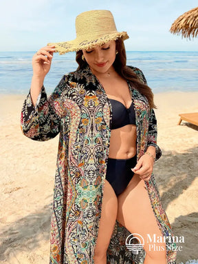 Saída De Praia Longa Estampada Estilo Boho Plus Size Saída De Praia Longa Estampada Estilo Boho Plus Size
