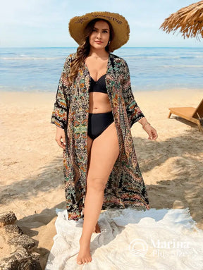 Saída De Praia Longa Estampada Estilo Boho Plus Size Saída De Praia Longa Estampada Estilo Boho Plus Size