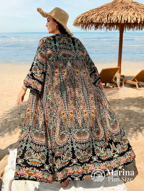 Saída De Praia Longa Estampada Estilo Boho Plus Size Saída De Praia Longa Estampada Estilo Boho Plus Size