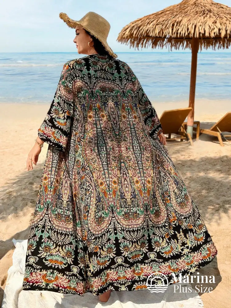 Saída De Praia Longa Estampada Estilo Boho Plus Size Saída De Praia Longa Estampada Estilo Boho Plus Size