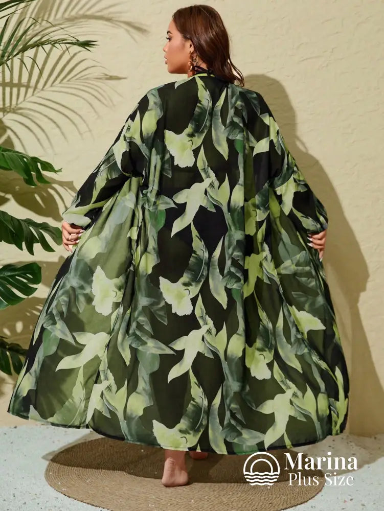 Saída De Praia Longa Estampada Faixa Na Cintura Plus Size Saída De Praia Longa Estampada Faixa Na Cintura Plus Size