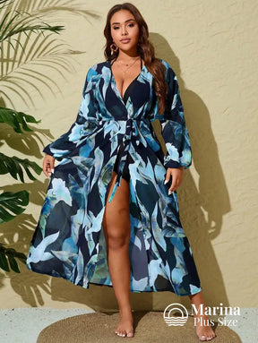 Saída De Praia Longa Estampada Faixa Na Cintura Plus Size Saída De Praia Longa Estampada Faixa Na Cintura Plus Size