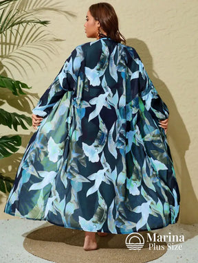Saída De Praia Longa Estampada Faixa Na Cintura Plus Size Saída De Praia Longa Estampada Faixa Na Cintura Plus Size