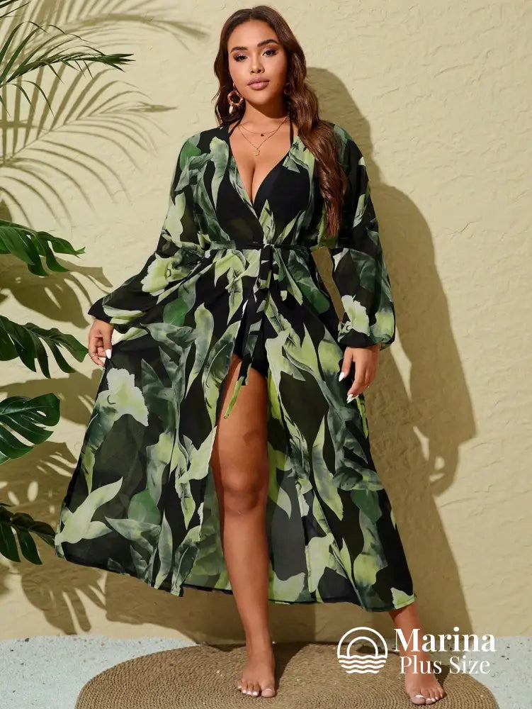 Saída De Praia Longa Estampada Faixa Na Cintura Plus Size Saída De Praia Longa Estampada Faixa Na Cintura Plus Size