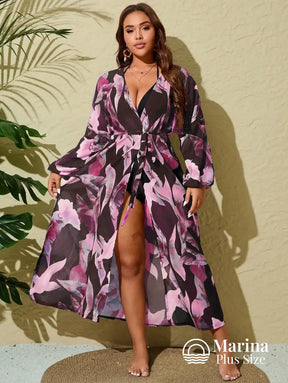 Saída De Praia Longa Estampada Faixa Na Cintura Plus Size Saída De Praia Longa Estampada Faixa Na Cintura Plus Size