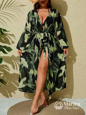 Saída De Praia Longa Estampada Faixa Na Cintura Plus Size Verde / G Saída De Praia Longa Estampada Faixa Na Cintura