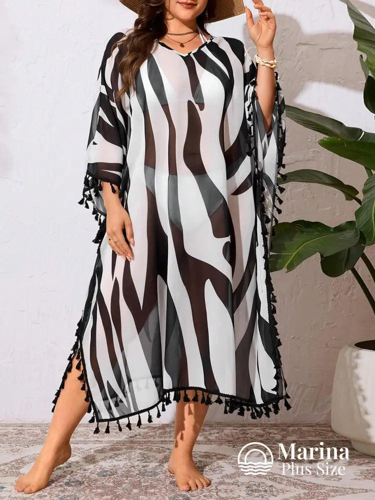 Saída De Praia Longa Kaftan Animal Print Plus Size Preto e Branco / G Saída De Praia Longa Kaftan Animal Print Plus Size