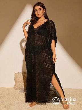 Saída De Praia Longa Kaftan Rendada Com Fenda Plus Size Saída De Praia Longa Kaftan Rendada Com Fenda Plus Size