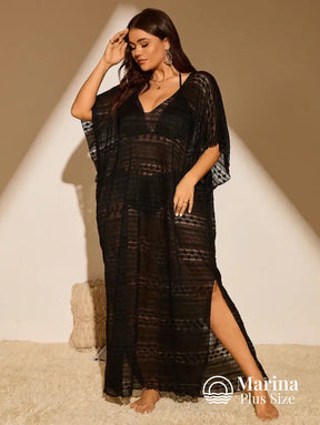 Saída De Praia Longa Kaftan Rendada Com Fenda Plus Size Preto / G Saída De Praia Longa Kaftan Rendada Com Fenda Plus