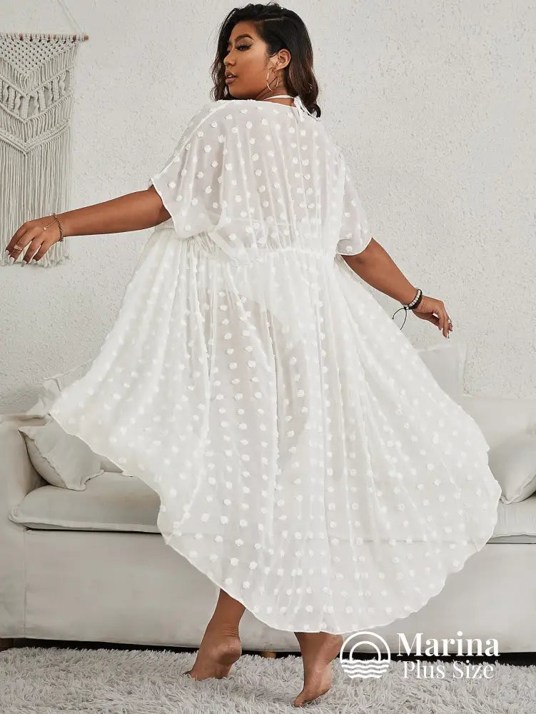 Saída De Praia Longa Poá Amarração Frontal Plus Size Branco / G Saída De Praia Longa Poá Amarração Frontal Plus Size
