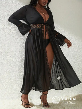 Saída De Praia Longa Renda Vazado E Amarração Plus Size Saída De Praia Longa Renda Vazado E Amarração Plus Size