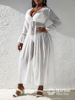 Saída De Praia Longa Renda Vazado E Amarração Plus Size Saída De Praia Longa Renda Vazado E Amarração Plus Size
