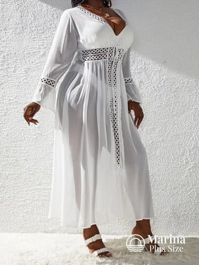 Saída De Praia Longa Renda Vazado E Amarração Plus Size Saída De Praia Longa Renda Vazado E Amarração Plus Size