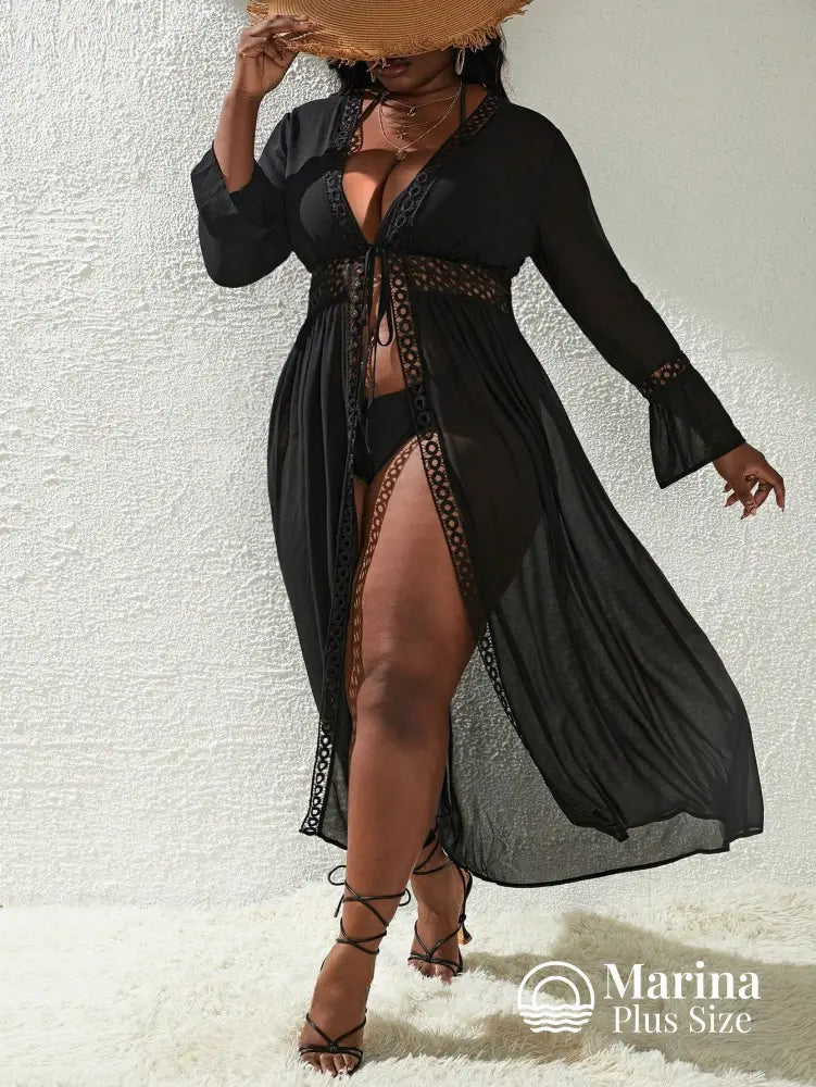 Saída De Praia Longa Renda Vazado E Amarração Plus Size Preto / G Saída De Praia Longa Renda Vazado E Amarração Plus