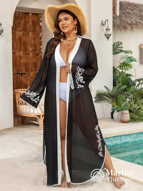 Saída De Praia Longa Tule Bordado Transparente Plus Size Saída De Praia Longa Tule Bordado Transparente Plus Size