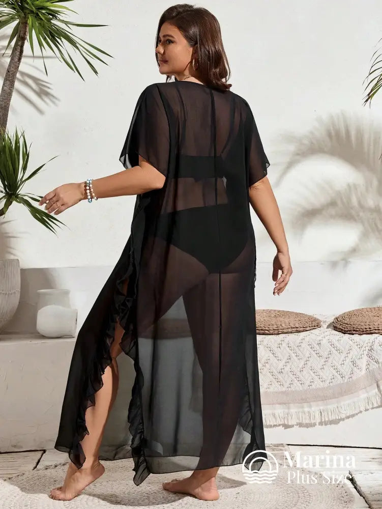 Saída De Praia Longa Tule Transparente Babados Plus Size Saída De Praia Longa Tule Transparente Babados Plus Size