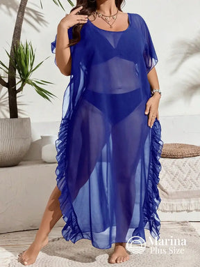 Saída De Praia Longa Tule Transparente Babados Plus Size Azul Royal / G Saída De Praia Longa Tule Transparente Babados