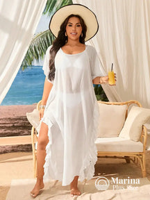 Saída De Praia Longa Tule Transparente Babados Plus Size Branco / G Saída De Praia Longa Tule Transparente Babados Plus