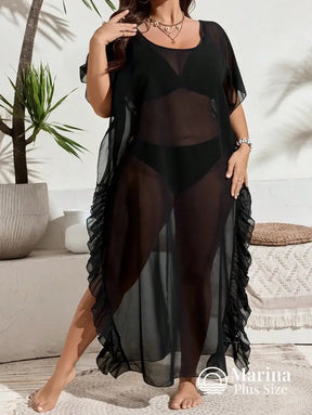 Saída De Praia Longa Tule Transparente Babados Plus Size Preto / G Saída De Praia Longa Tule Transparente Babados Plus
