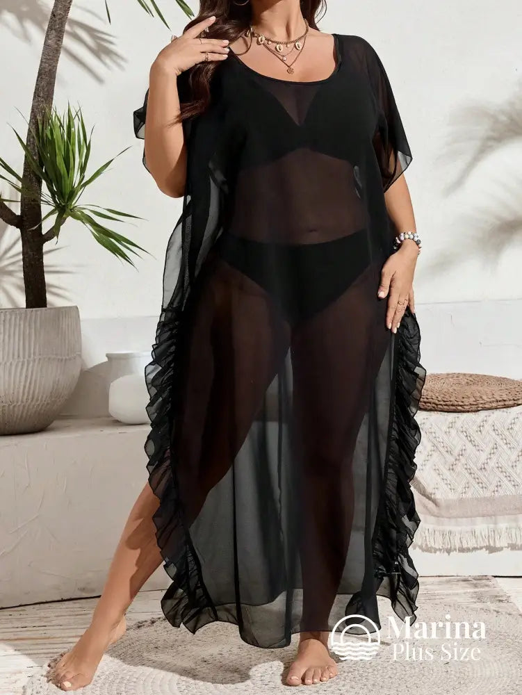 Saída De Praia Longa Tule Transparente Babados Plus Size Preto / G Saída De Praia Longa Tule Transparente Babados Plus