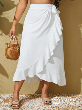 Saída De Praia Pareô Assimétrico Babados Plus Size Branco / G Saída De Praia Pareô Assimétrico Babados Plus Size