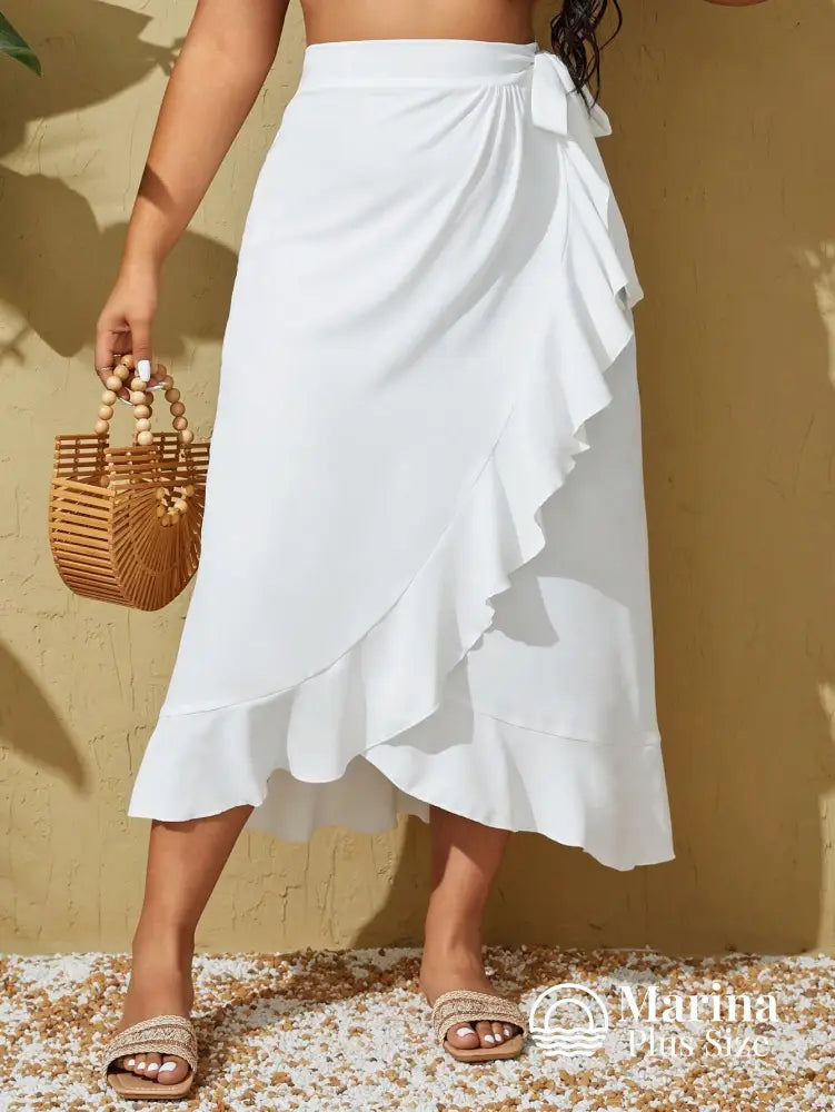 Saída De Praia Pareô Assimétrico Babados Plus Size Branco / G Saída De Praia Pareô Assimétrico Babados Plus Size