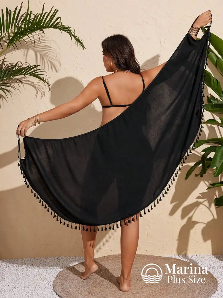 Saída De Praia Pareô Semicircular Tassels Plus Size Preto / G Saída De Praia Pareô Semicircular Tassels Plus Size
