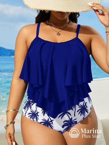 Tankini Babados Camadas Estampa Tropical Plus Size Azul-marinho / G Tankini Babados Camadas Estampa Tropical Plus Size