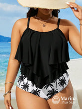 Tankini Babados Camadas Estampa Tropical Plus Size Preto / G Tankini Babados Camadas Estampa Tropical Plus Size