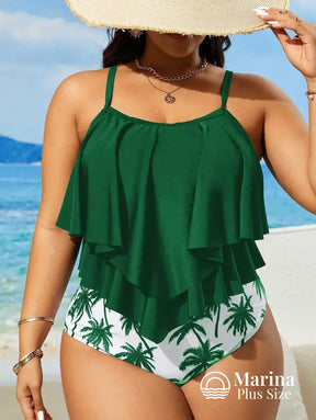 Tankini Babados Camadas Estampa Tropical Plus Size Verde Escuro / G Tankini Babados Camadas Estampa Tropical Plus Size