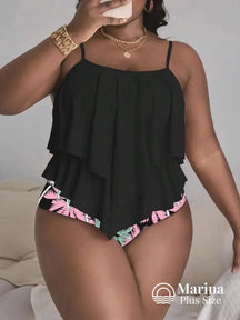 Tankini Babados Camadas Estilo Tropical Plus Size Preto / G Tankini Babados Camadas Estilo Tropical Plus Size