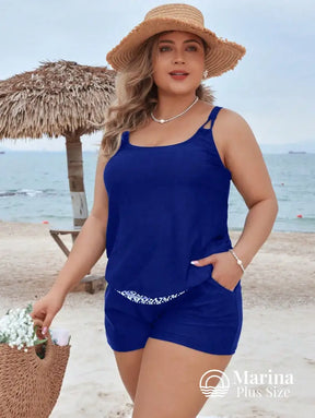 Tankini Esportivo Cintura Estampada Alças Finas Plus Size Tankini Esportivo Cintura Estampada Alças Finas Plus Size