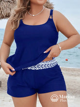 Tankini Esportivo Cintura Estampada Alças Finas Plus Size Azul Royal / G Tankini Esportivo Cintura Estampada Alças