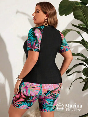 Tankini Esportivo Estampa Tropical Folhagem Plus Size Tankini Esportivo Estampa Tropical Folhagem Plus Size