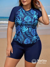 Tankini Esportivo Estampa Tropical Proteção Solar Plus Size Azul / G Tankini Esportivo Estampa Tropical Proteção Solar