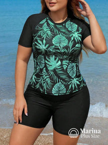 Tankini Esportivo Estampa Tropical Proteção Solar Plus Size Verde / G Tankini Esportivo Estampa Tropical Proteção Solar