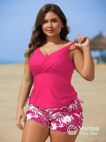 Tankini Esportivo Estilo Surf Estampa Tropical Plus Size Rosa Choque / G Tankini Esportivo Estilo Surf Estampa Tropical
