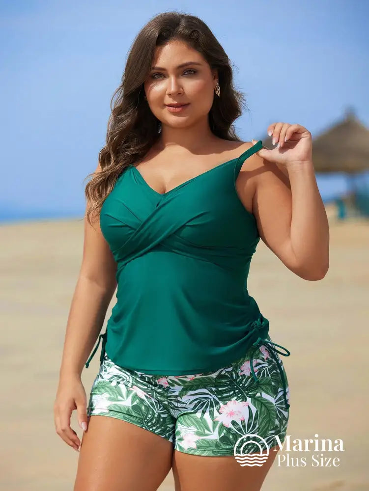 Tankini Esportivo Estilo Surf Estampa Tropical Plus Size Verde / G Tankini Esportivo Estilo Surf Estampa Tropical Plus