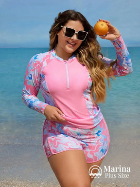 Tankini Esportivo Manga Longa Estampa Camuflada Plus Size Rosa / G Tankini Esportivo Manga Longa Estampa Camuflada Plus
