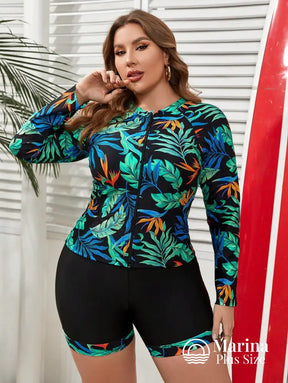 Tankini Esportivo Manga Longa Estilo Surf Tropical Plus Size Tankini Esportivo Manga Longa Estilo Surf Tropical Plus