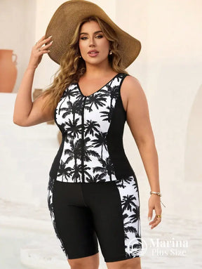 Tankini Esportivo Zíper Frontal Estampa Tropical Plus Size Tankini Esportivo Zíper Frontal Estampa Tropical Plus Size