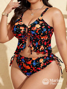 Tankini Floral Amarração Frontal Plus Size Preto / G Tankini Floral Amarração Frontal Plus Size