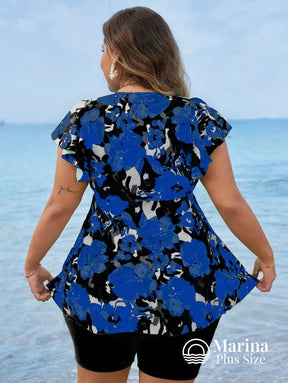 Tankini Floral Manga Curta E Short Confortável Plus Size Tankini Floral Manga Curta E Short Confortável Plus Size