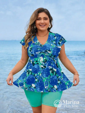 Tankini Floral Manga Curta E Short Confortável Plus Size Tankini Floral Manga Curta E Short Confortável Plus Size
