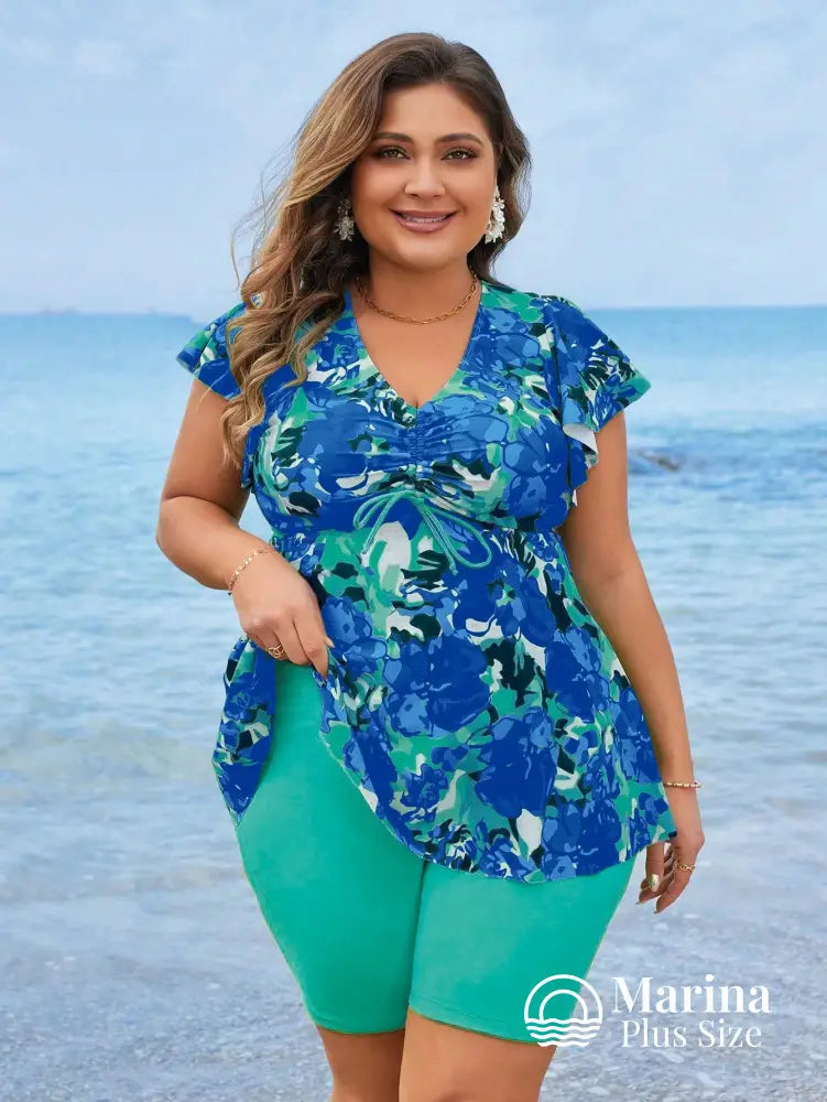 Tankini Floral Manga Curta E Short Confortável Plus Size Azul / G Tankini Floral Manga Curta E Short Confortável Plus