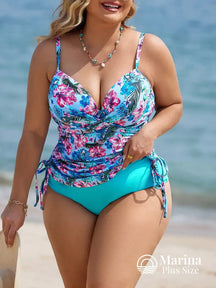 Tankini Floral Tropical Laterais Ajustáveis Plus Size Azul Turquesa / G Tankini Floral Tropical Laterais Ajustáveis