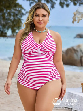 Tankini Listrado Decote Cruzado Moderno Plus Size Tankini Listrado Decote Cruzado Moderno Plus Size