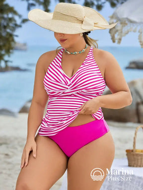 Tankini Listrado Decote Cruzado Moderno Plus Size Pink / G Tankini Listrado Decote Cruzado Moderno Plus Size